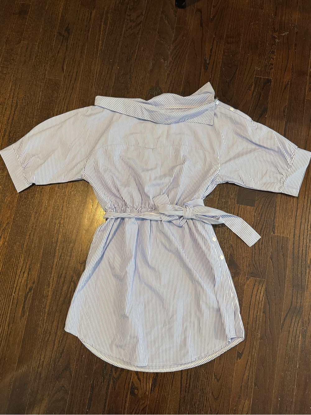 Striped Blue & White Tie-Waist Mini Shirt Dress